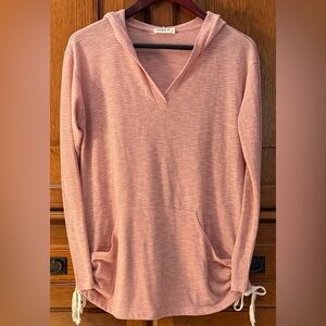 Ginger G V-neck Striped Lightweight Hooded Tee Pullover Ruched Sides